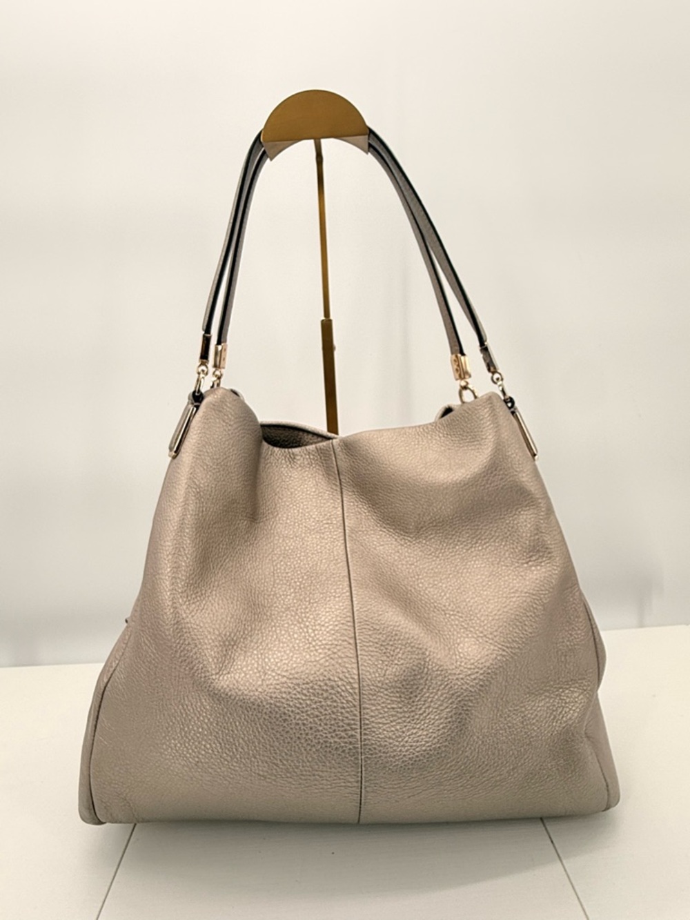 COACH Madison Phoebe Pebbled Leather Hobo Metallic Gray Shoulder Bag Large - Picture 3 of 12